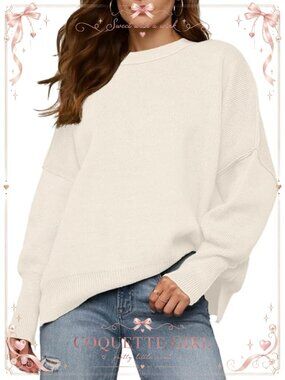 Qixing Oversized Crewneck Batwing Long Sleeve Ribbed Knit Sweater